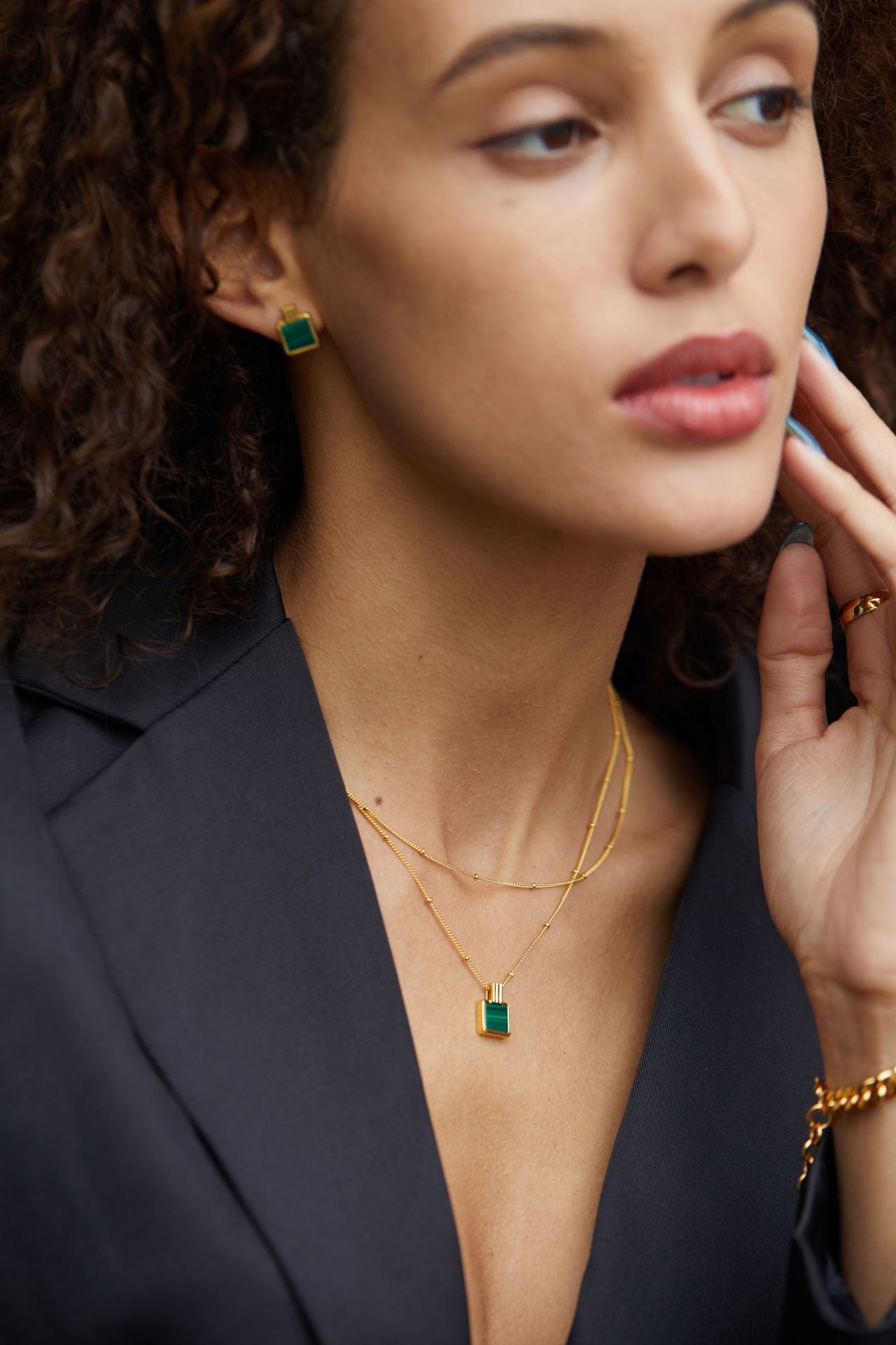 Whole Body925Silver Natural Malachite Necklace Perfume Bottle Pendant Niche Square Collarbone Chain Gold-Plated Women's Bead Chain
