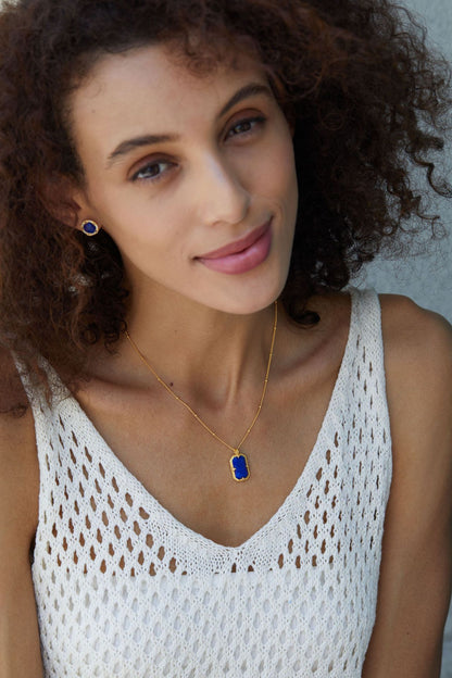 925Silver Lapis Lazuli Necklace French Light Luxury Niche Design Peace Pendant Vintage New National Trend Electroplated K Gold