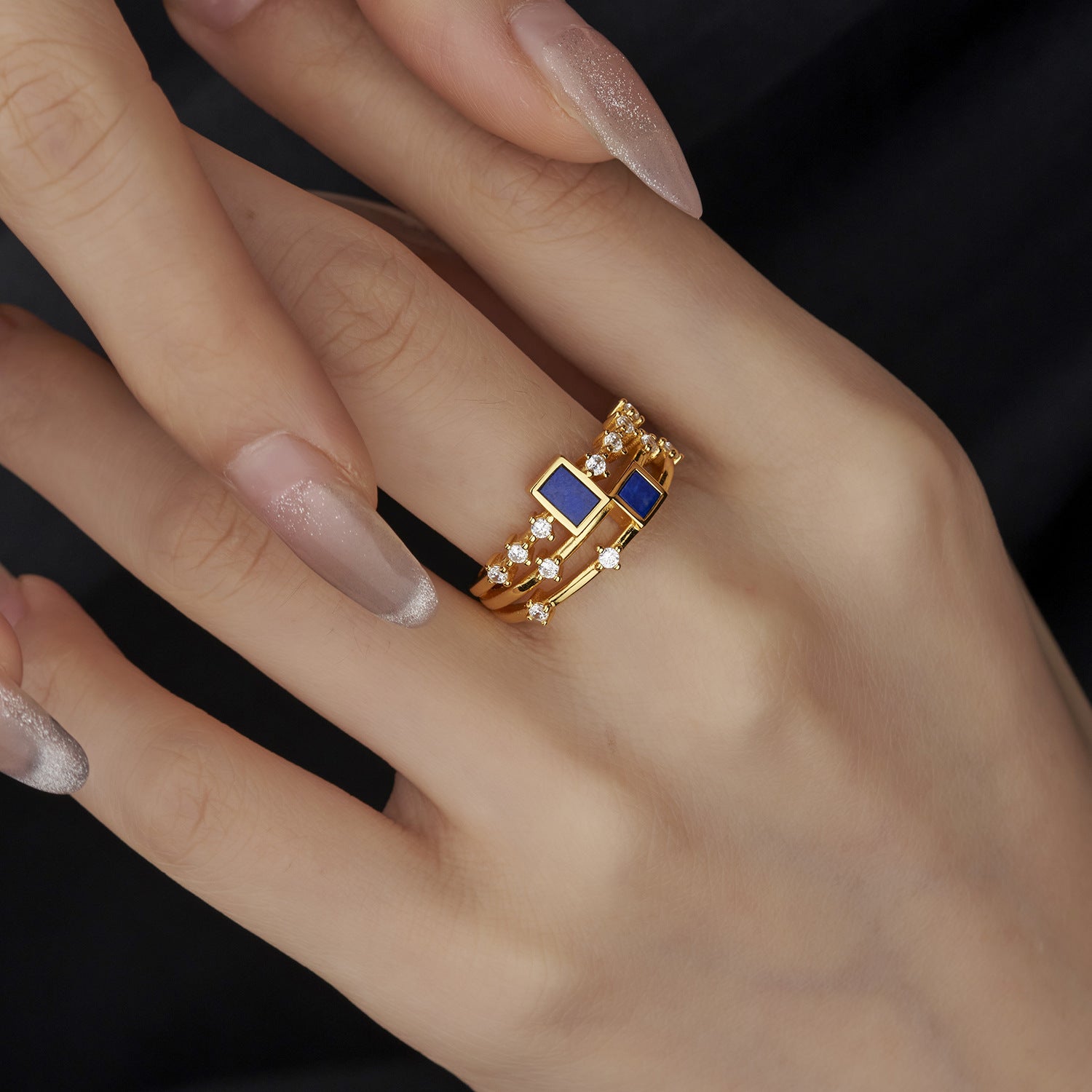 S925Silver Natural Stone Double Row Ring Square Female fashion Niche Design Light Luxury french Gemstone Finger Ring