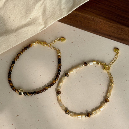 Winter Melad Golden Bean Tiger Eye Stone Natural Shell Bracelet Color-Block Layered Versatile Design High-End Jewelry