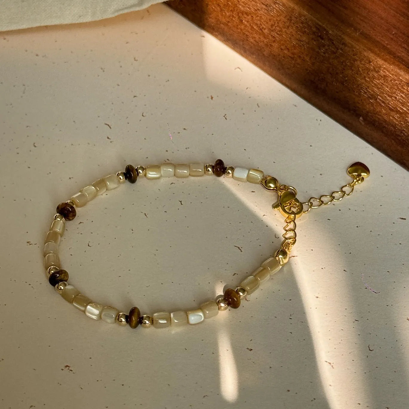 Winter Melad Golden Bean Tiger Eye Stone Natural Shell Bracelet Color-Block Layered Versatile Design High-End Jewelry