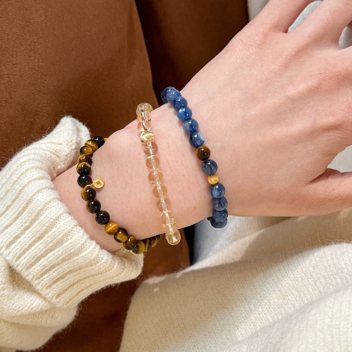 Simple Classic Natural Kuk Blue Crystal Tiger Eye Stone Bracelet Layered Versatile Design High-end Women