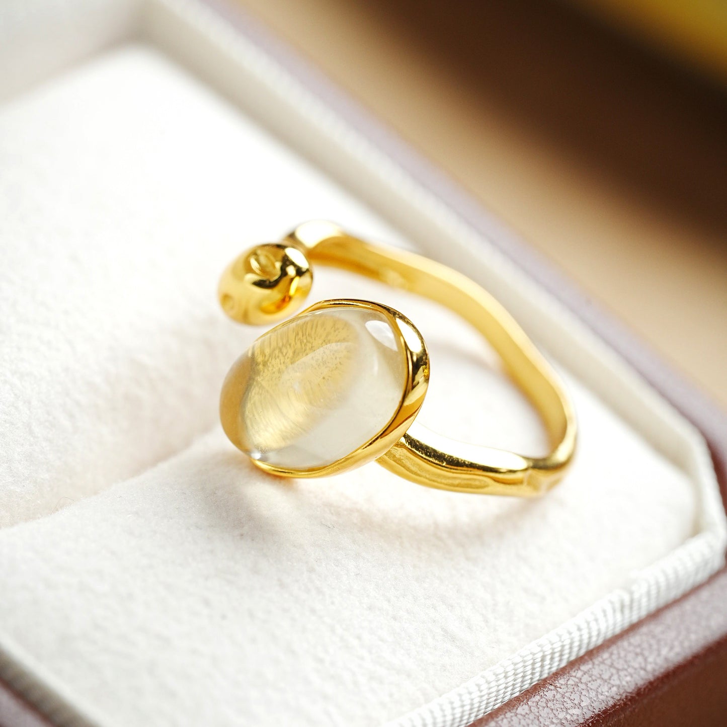 S925Silver Gold-Plated Yellow Crystal Oval Open Ring for Women French Niche Design Sense High-End Vintage Accessory