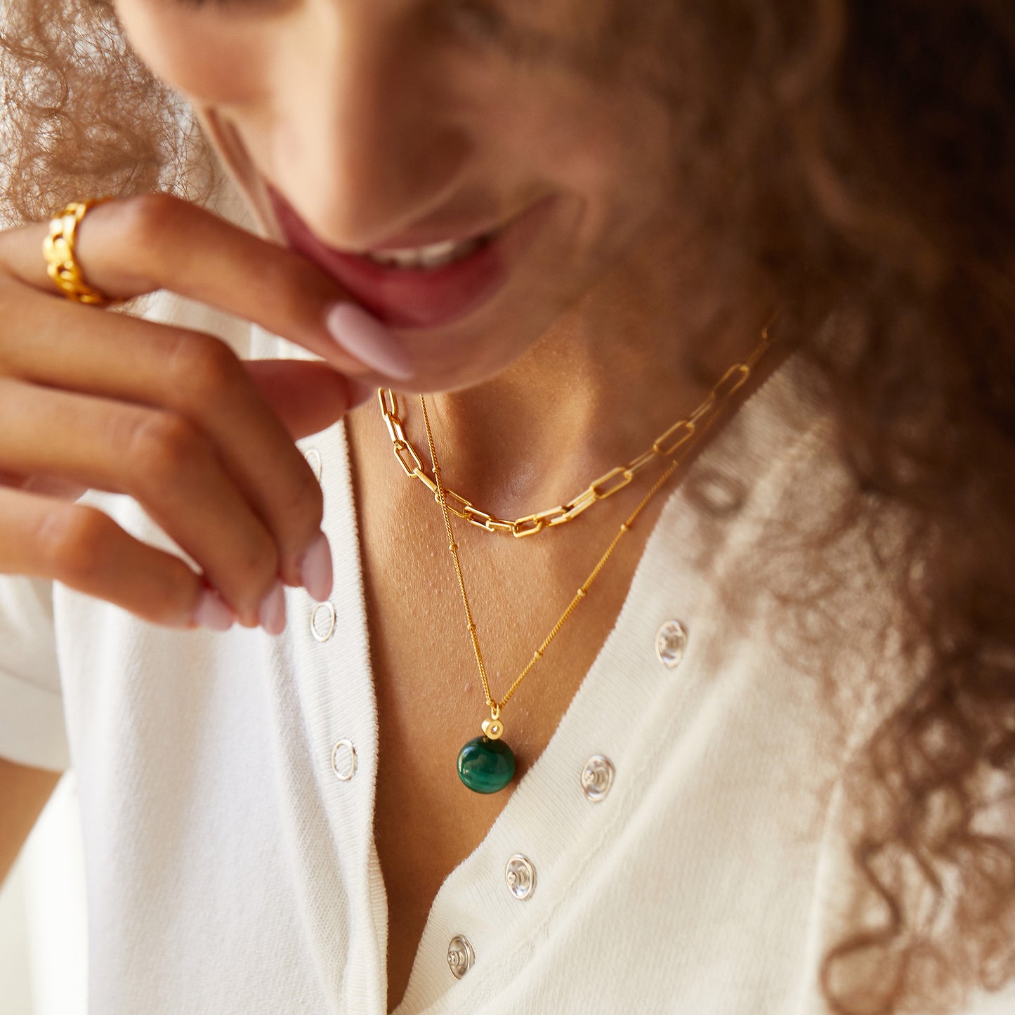 S925Silver Natural Stone Necklace Malachite Round Ball Pendant Women's Layered Silver Jewelry Cross-Border Design Sense Silver Jewelry