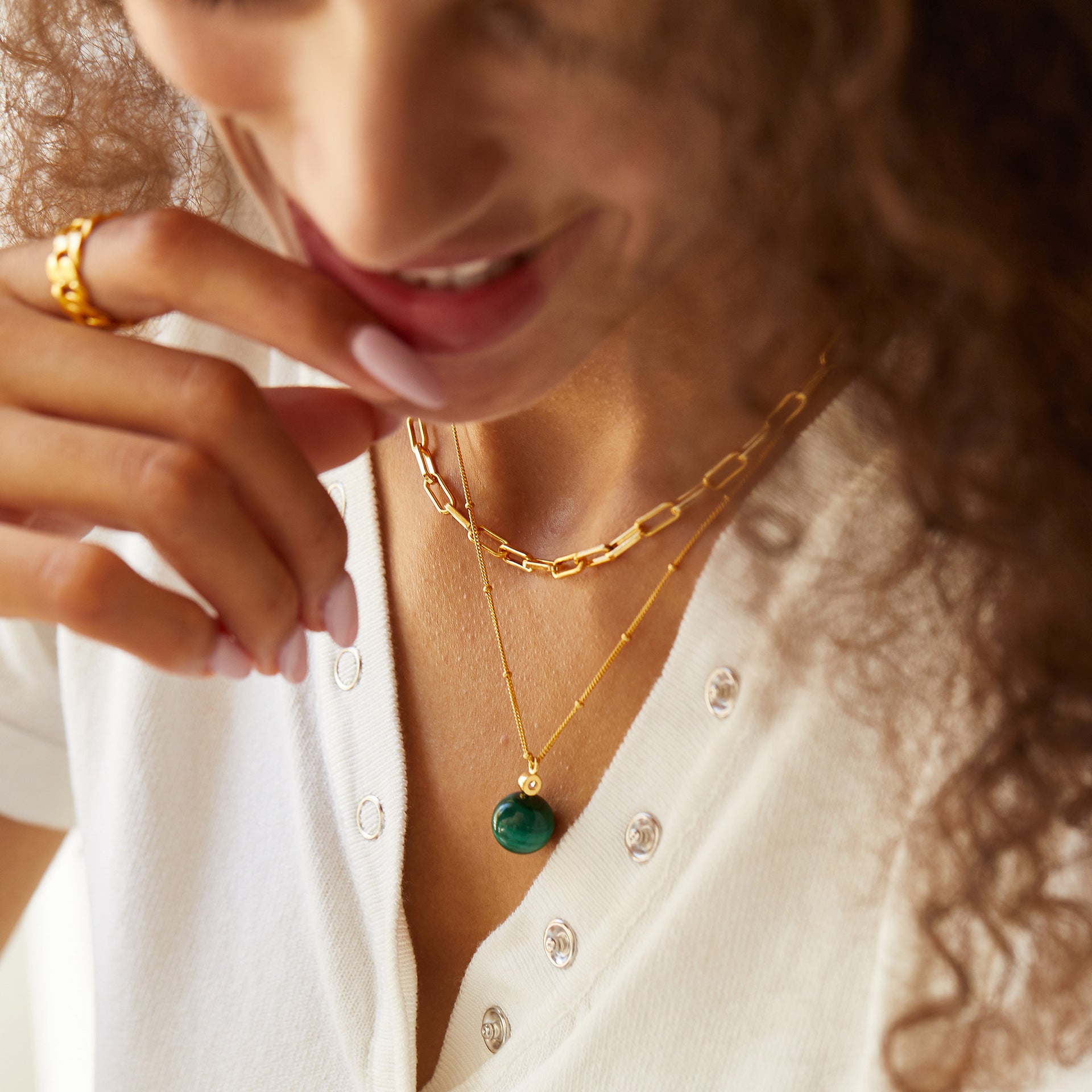 S925Silver Natural Stone Necklace Malachite Round Ball Pendant Women's Layered Silver Jewelry Cross-Border Design Sense Silver Jewelry