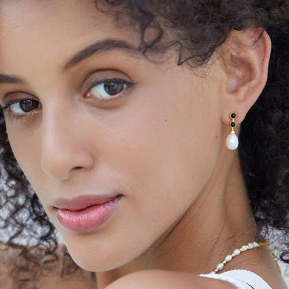 S925Silver Natural Freshwater Pearl Earrings Black Onyx Light Luxury Design Earrings Simple Versatile