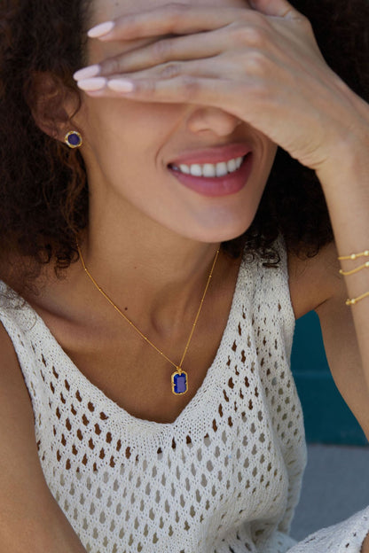 925Silver Lapis Lazuli Necklace French Light Luxury Niche Design Peace Pendant Vintage New National Trend Electroplated K Gold