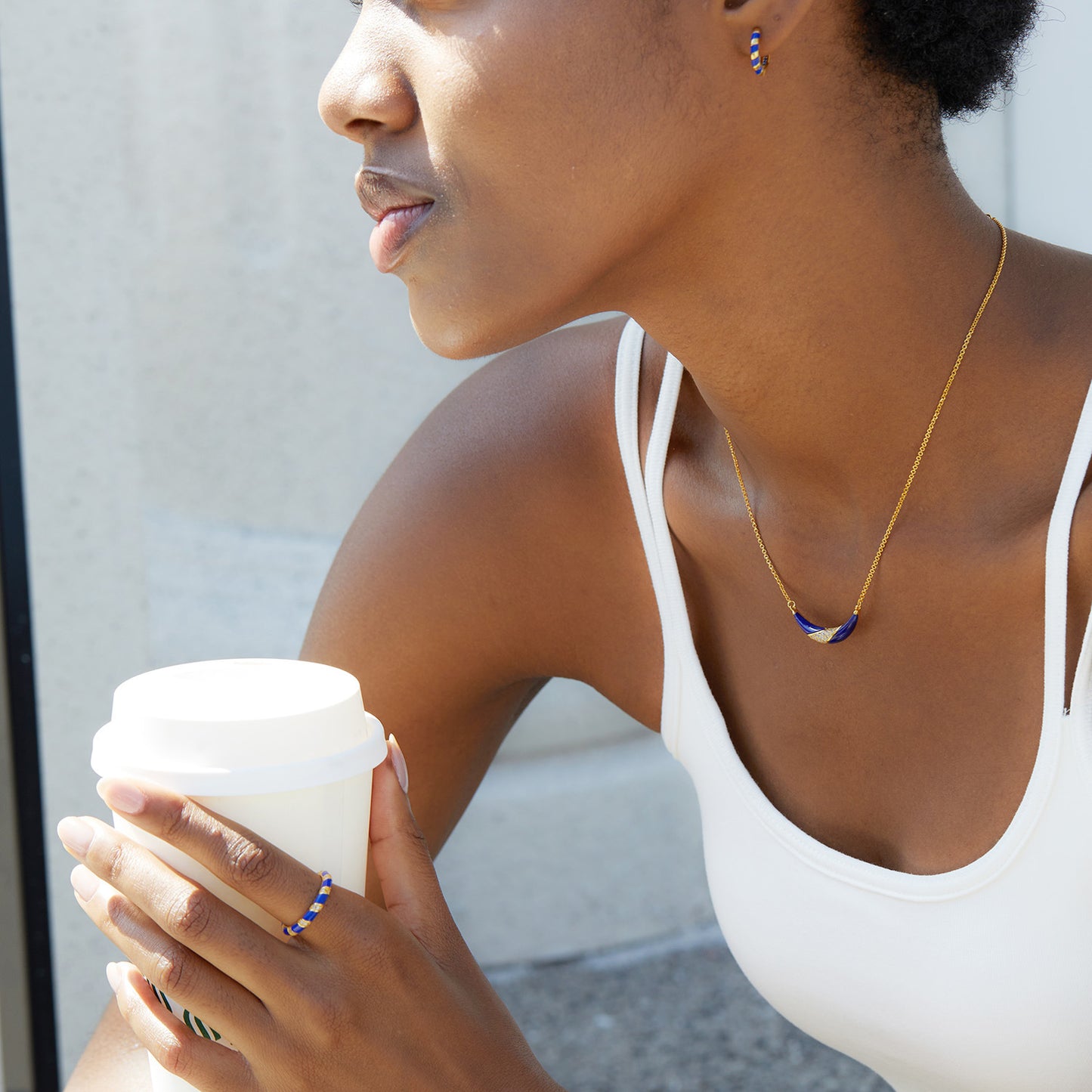 Whole Body925Silver Plating18K Gold Natural Lapis Lazuli White Mother-of-Pearl Black Onyx Necklace Niche Design Sense Smile Pendant