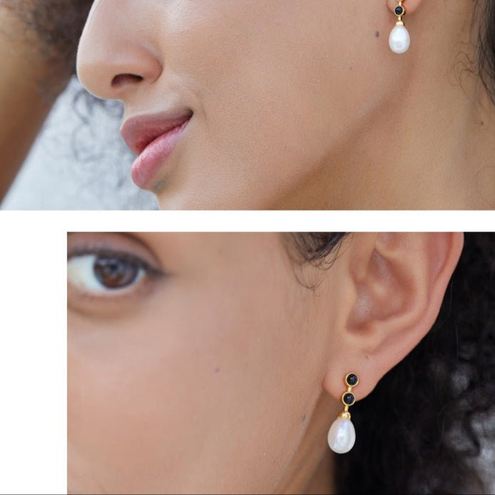 S925Silver Natural Freshwater Pearl Earrings Black Onyx Light Luxury Design Earrings Simple Versatile