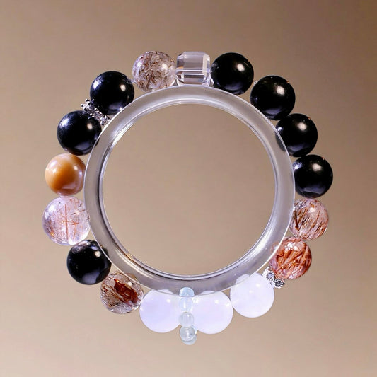 Natural Phantom Quartz and Black Obsidian healing crystal bracelet for balance and protection