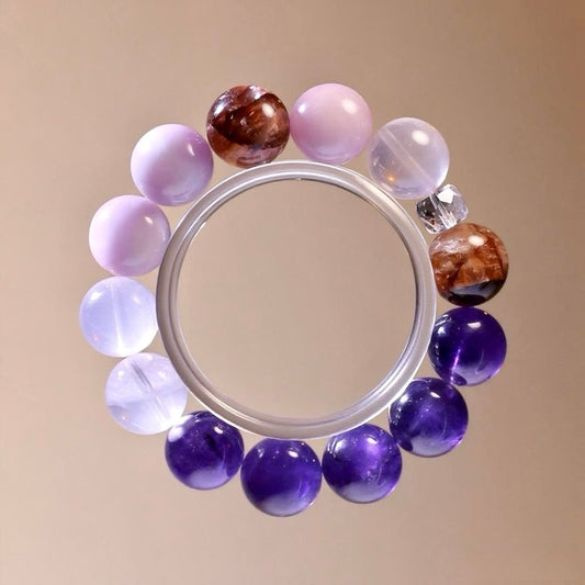 Rose Quartz, Amethyst, Lepidolite, and Clear Quartz Bracelet – Natural Crystal Jewelry for Love and Intuition