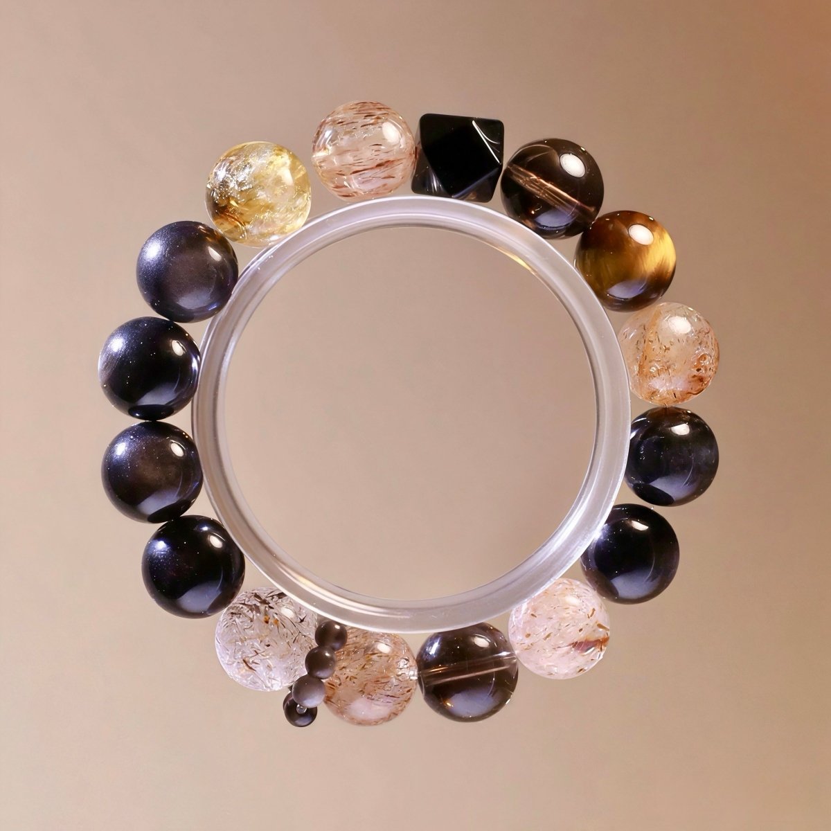 Smoky Quartz, Dzi Bead, and Obsidian natural crystal bracelet for grounding and protection
