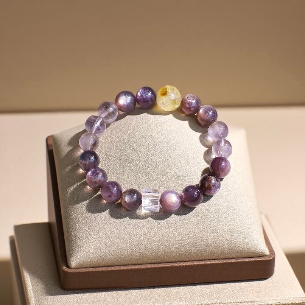 Lepidolite and Lemon Quartz natural crystal bracelet for joy and emotional healing