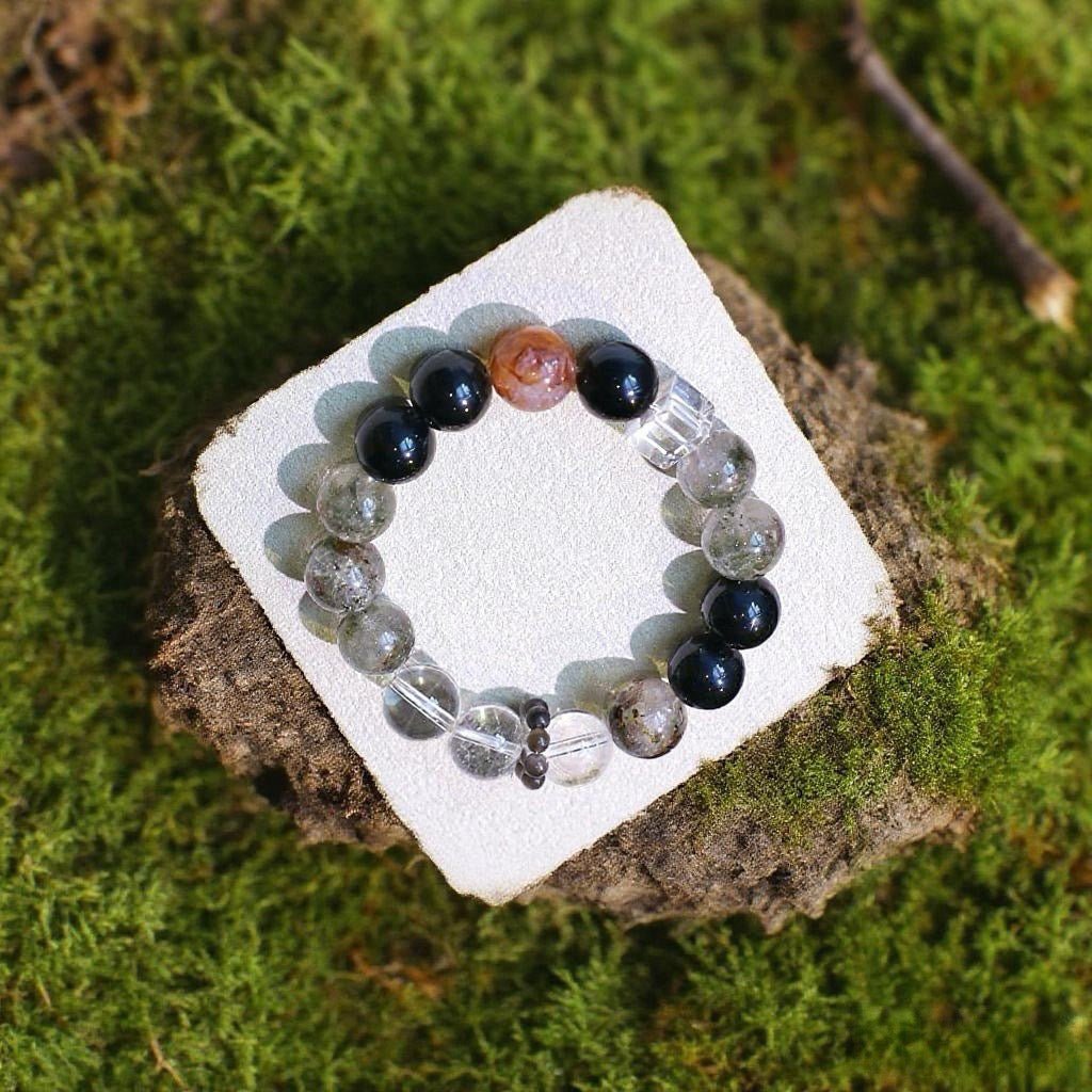 Four Seasons Phantom Quartz and Black Obsidian crystal bracelet for clarity and strength
