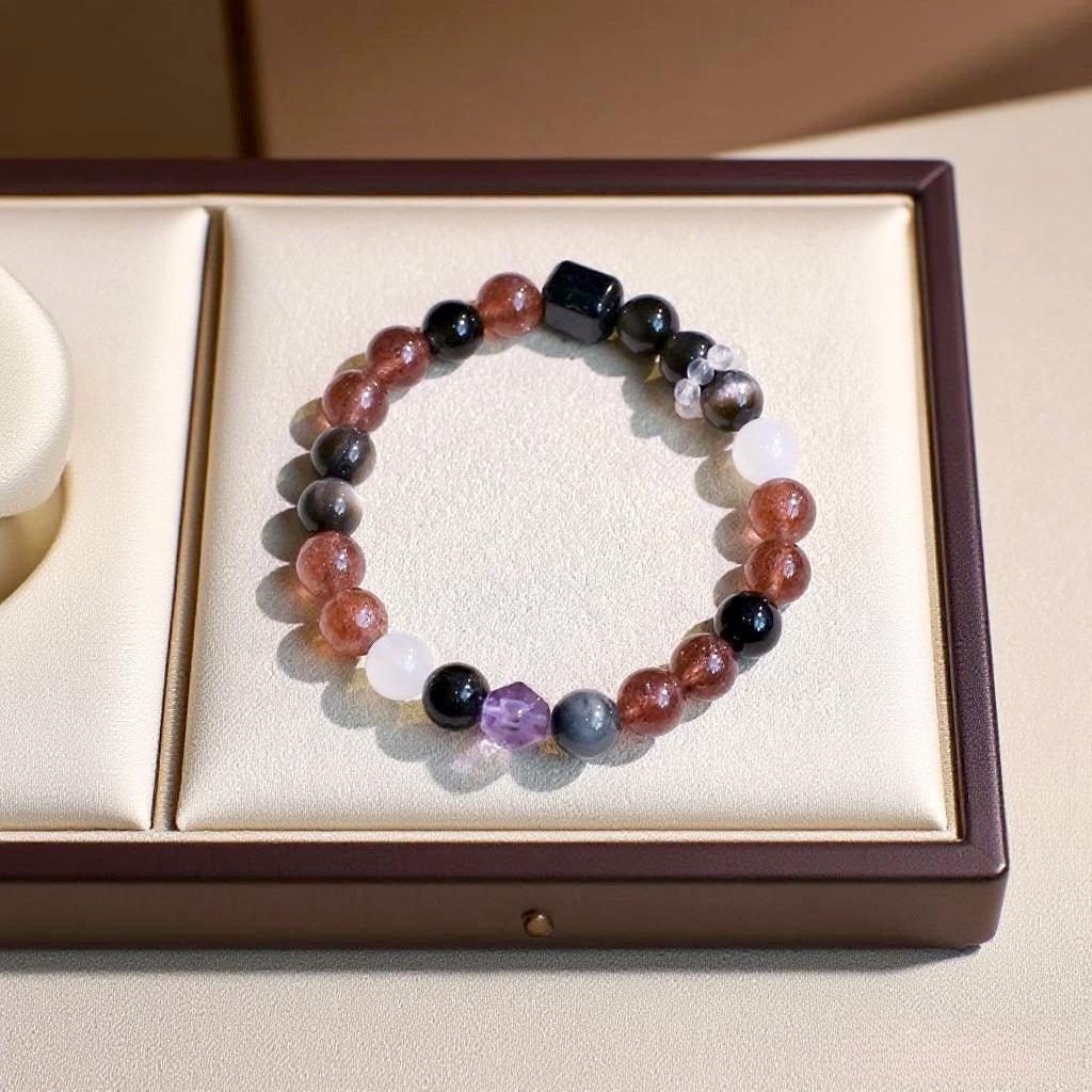 Silver Obsidian and Strawberry Quartz crystal bracelet for love and protection