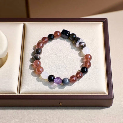 Silver Obsidian and Strawberry Quartz crystal bracelet for love and protection