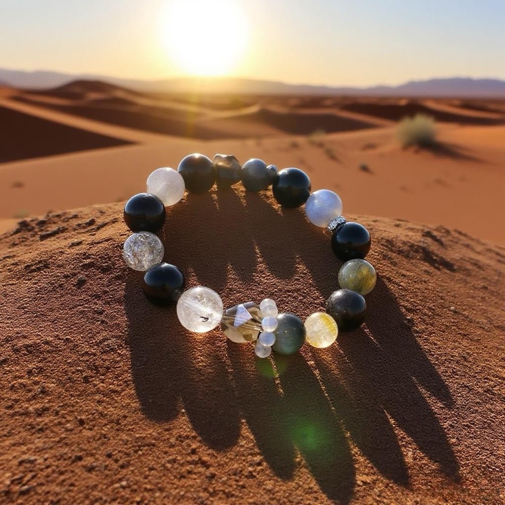 Natural crystal bracelet with Blue Tiger’s Eye, Silver Obsidian, and Blue Crystal beads.