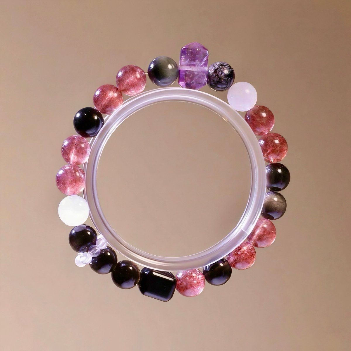 Silver Obsidian and Strawberry Quartz crystal bracelet for love and protection