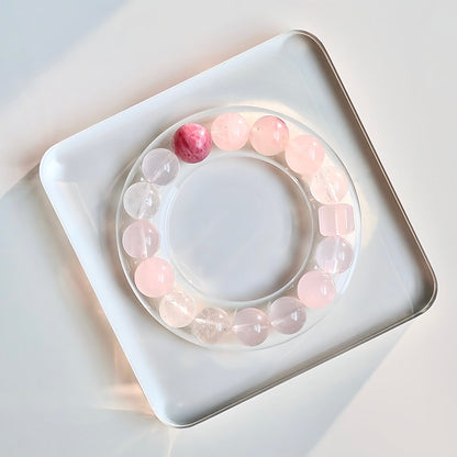 Morganite and Rose Quartz crystal bracelet with Rhodonite, White Howlite, and Cherry Blossom Quartz beads – natural gemstone healing jewelry